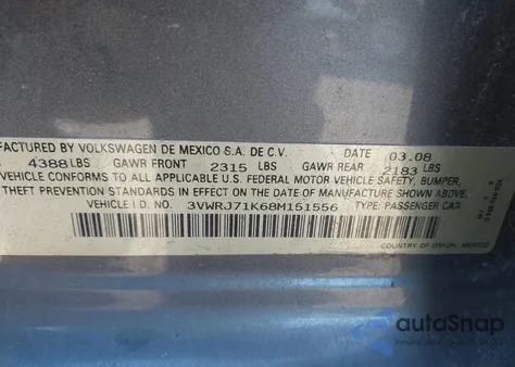 2008 Volkswagen Jetta Wolfsburg Edition z USA, uszkodzony, nr VIN 3VWRJ71K68M151556